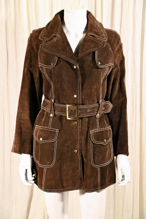 SOLD Vintage 70s Brown Suede Belted Jacket, Mod Mini Coat, The Tannery S/M