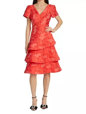 Teri Jon  Red Floral Tiered Cocktail Dress