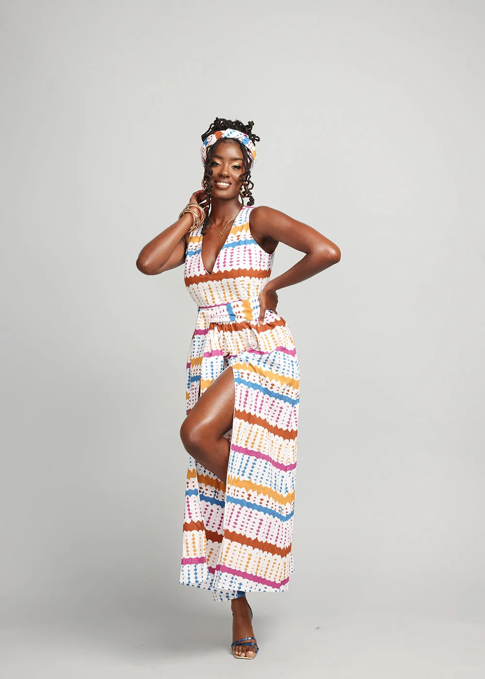 Tinashe Women's African Print Maxi Dress (White Nautical Adire)