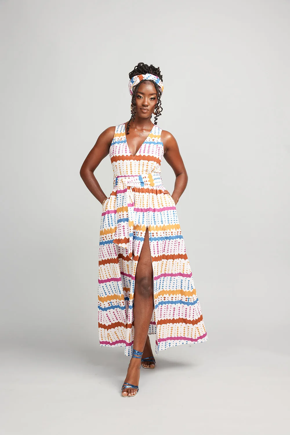 Tinashe Women's African Print Maxi Dress (White Nautical Adire)