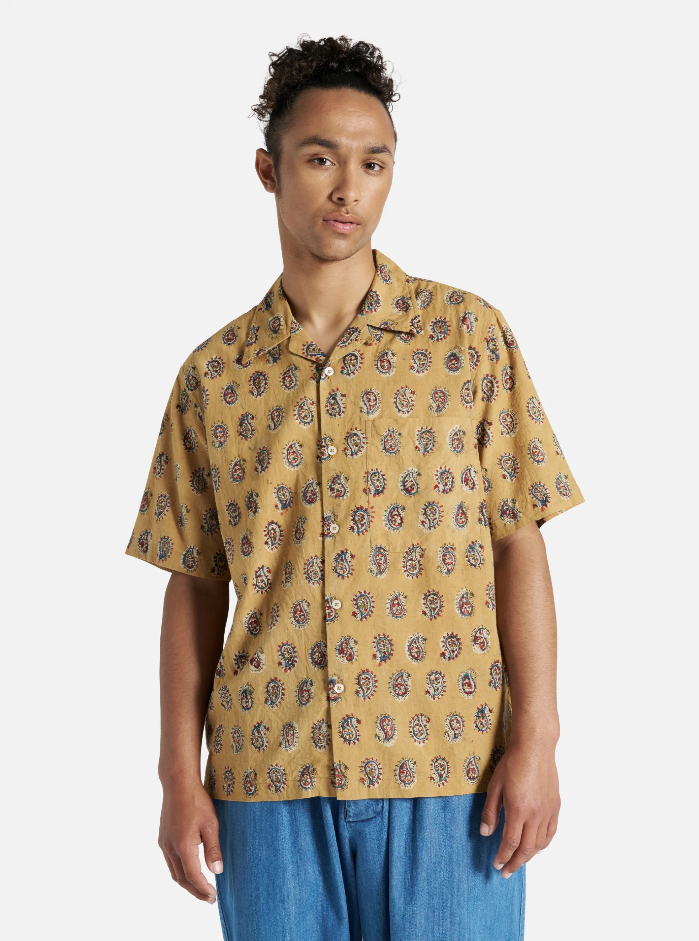 Universal Works Camp Shirt in Camel Kalamkari II Print