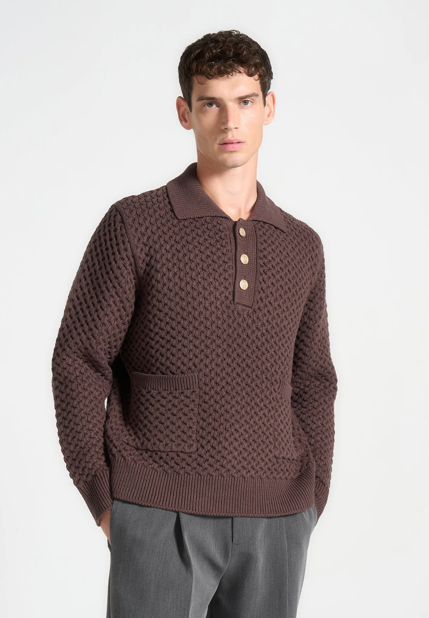 Waffle Knit Polo Jumper - Brown