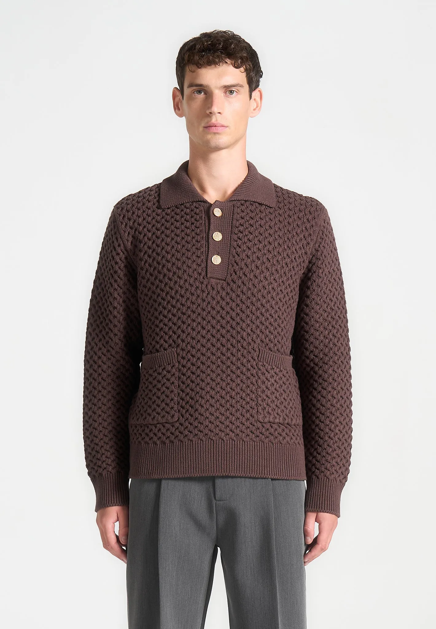 Waffle Knit Polo Jumper - Brown