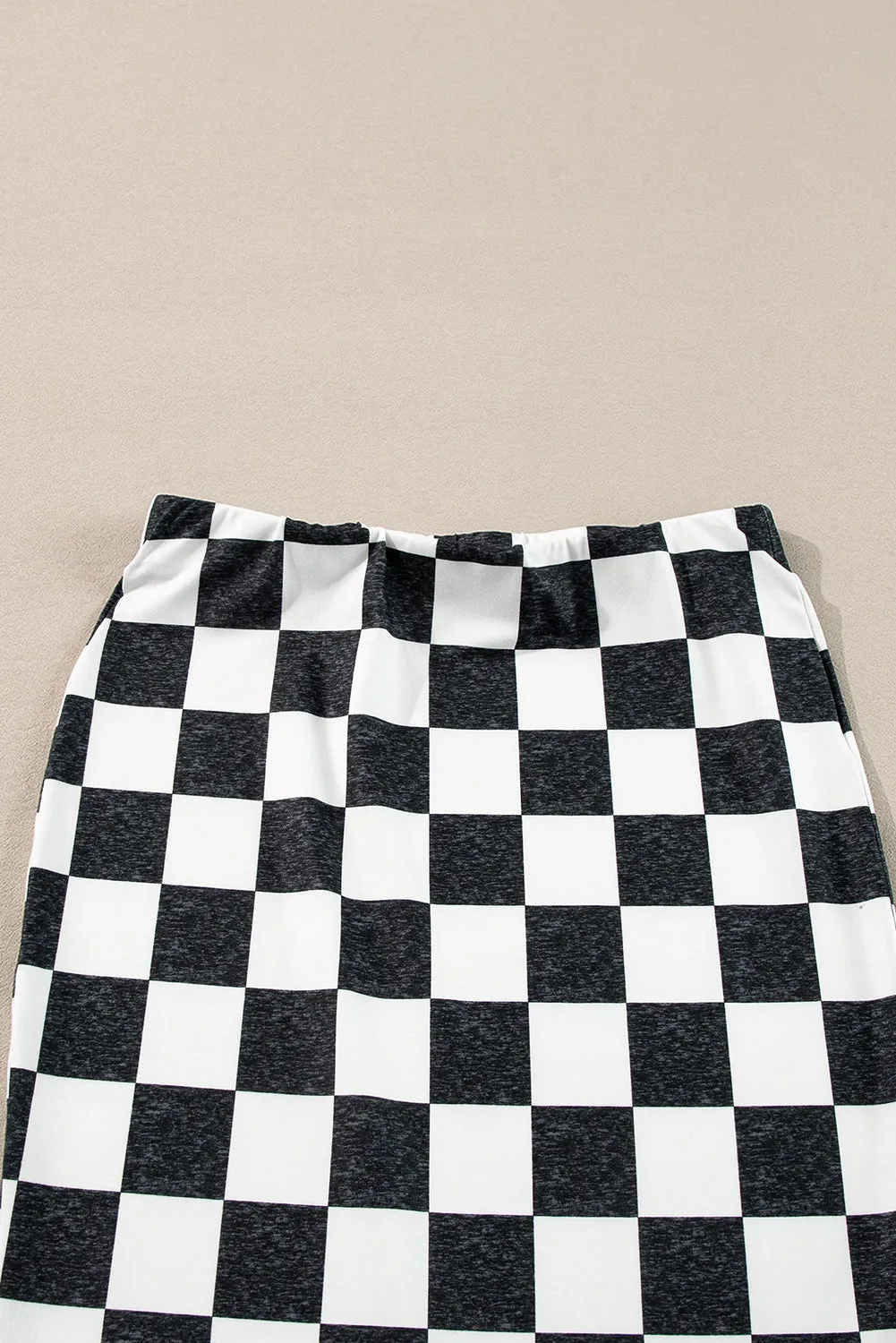 White Checkered Print Side Slit High Waist Midi Skirt