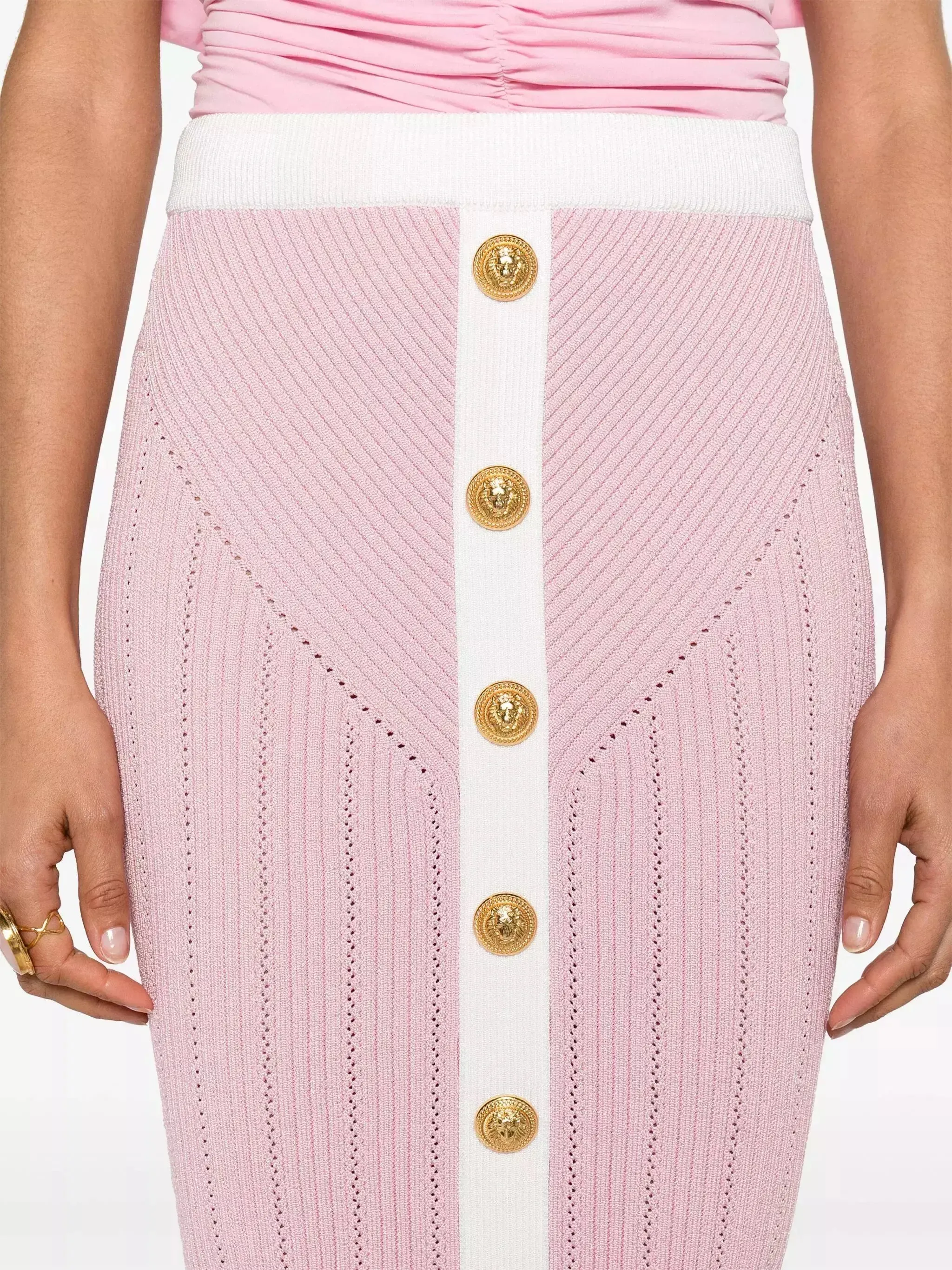 Women’s Buttoned Two-Toned Knit Skirt in Pink and White