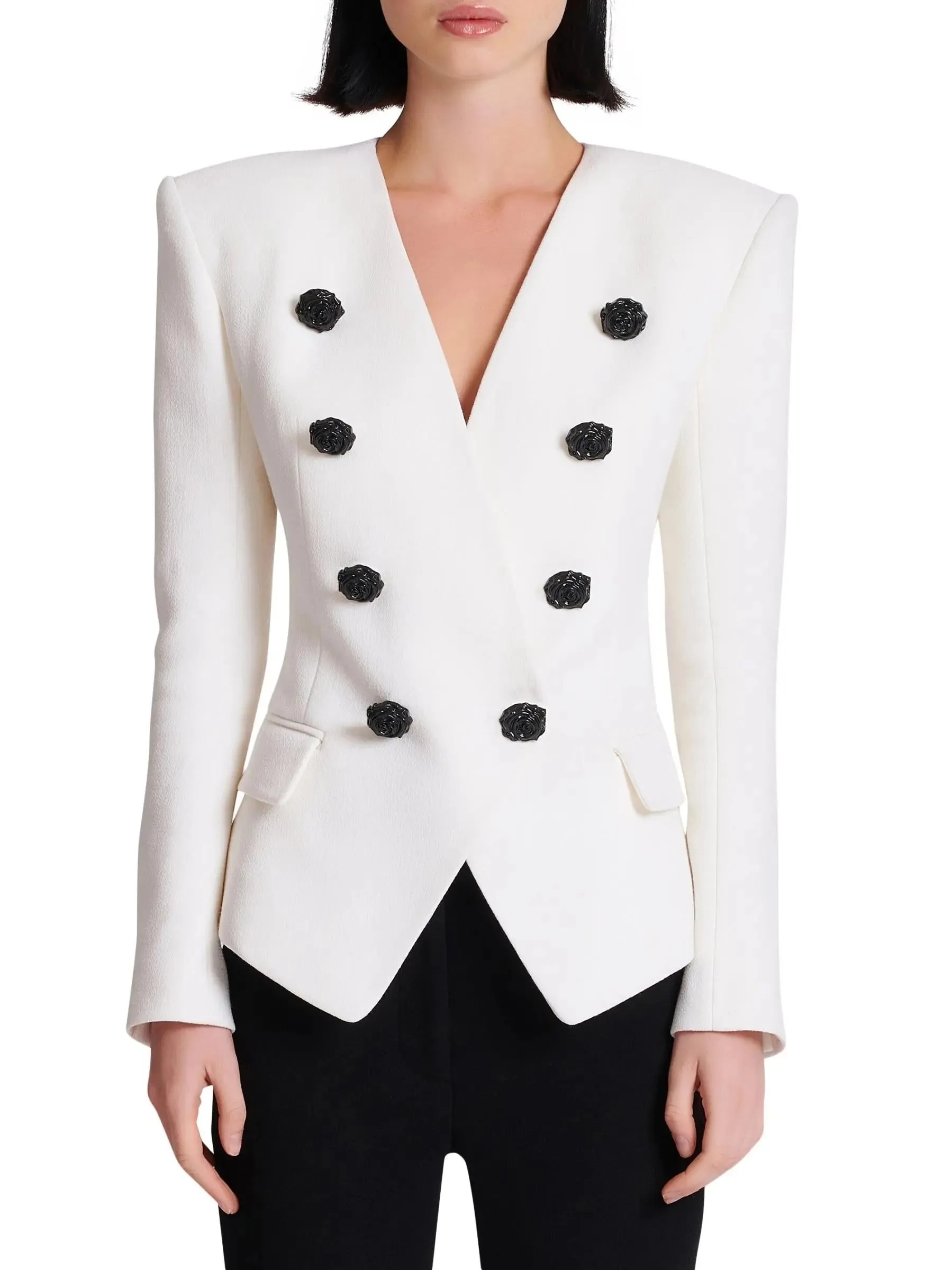 Women’s Collarless Floral-Buttoned Crepe Blazer