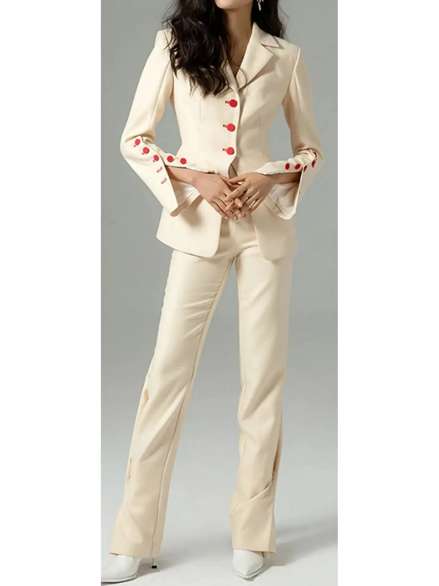 Women’s Contrast-Buttoned Jacket and Pant Suit