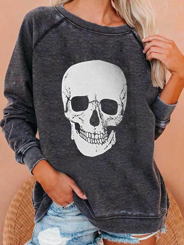 Women's Halloween Skeleton Print Distressed Sweatshirt