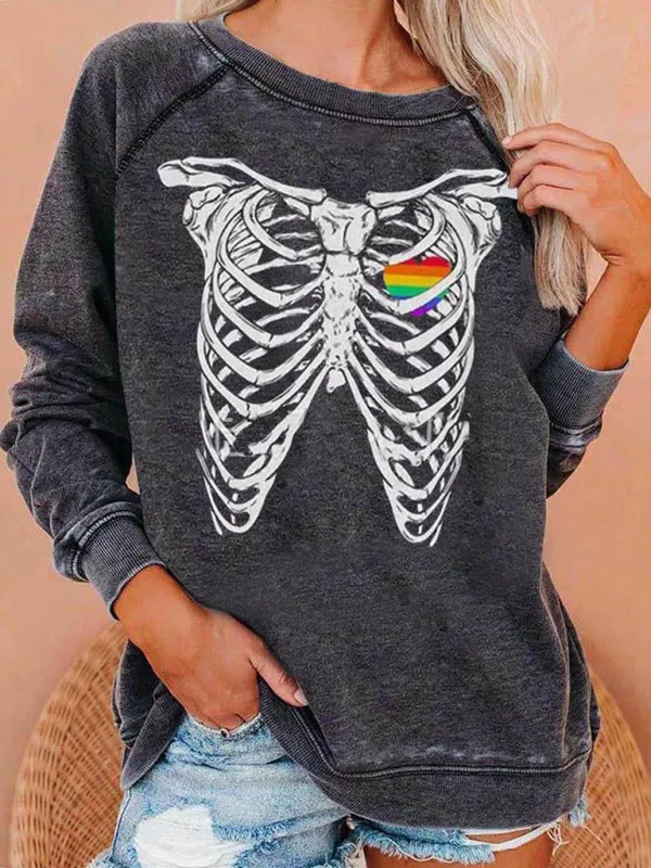 Women's Halloween Skeleton Print Distressed Sweatshirt