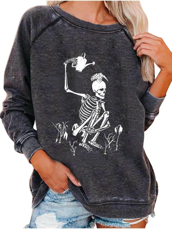 Women's Halloween Skeleton Print Distressed Sweatshirt