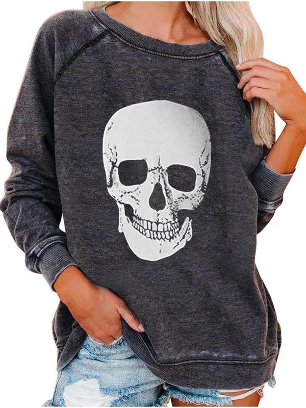 Women's Halloween Skeleton Print Distressed Sweatshirt