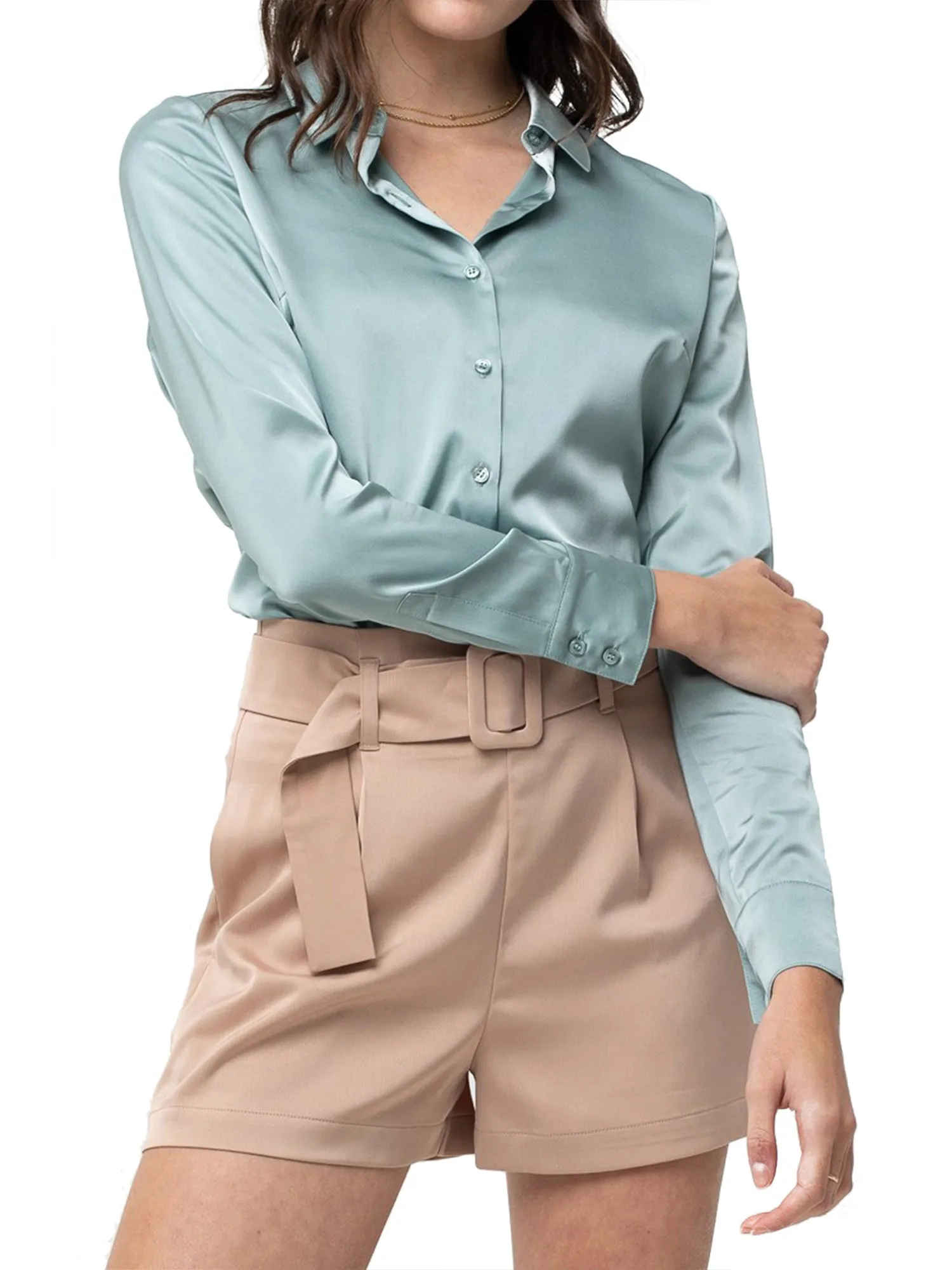 Women's Long Sleeve Button Down Shirts Bodysuit Formal Blouse Top (FWT1058)