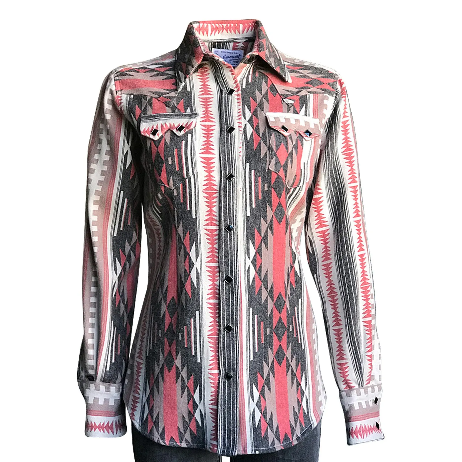 Women's Premium Flannel Jacquard Western Shirt in Pink & Grey