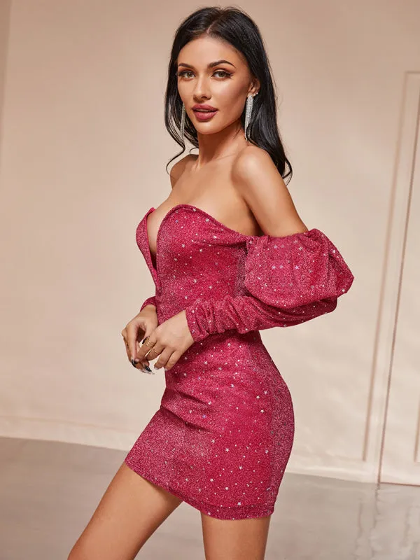 Women's Sexy Off The Shoulder Deep Plunge Neck Fitted Party Dress