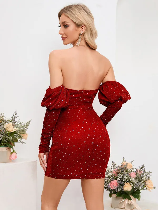 Women's Sexy Off The Shoulder Deep Plunge Neck Fitted Party Dress