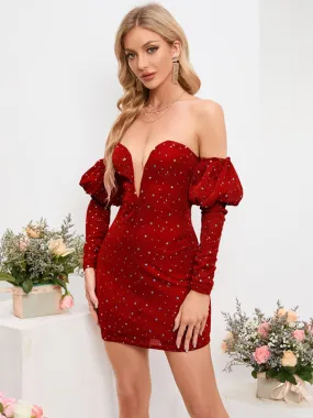 Women's Sexy Off The Shoulder Deep Plunge Neck Fitted Party Dress