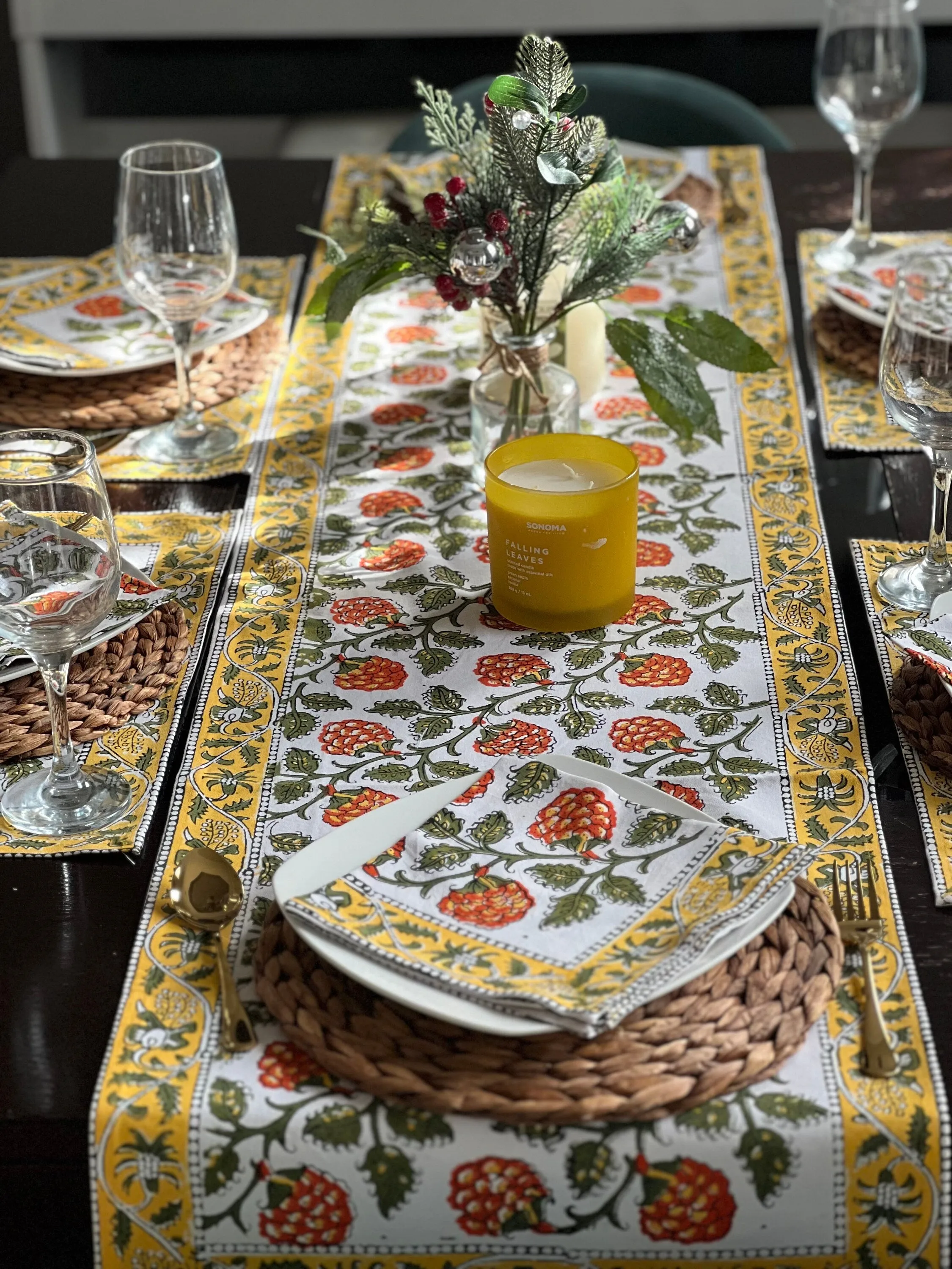 Yellow & Orange Floral Block Print Table Runner, Fall Table decor, Hostess Gift